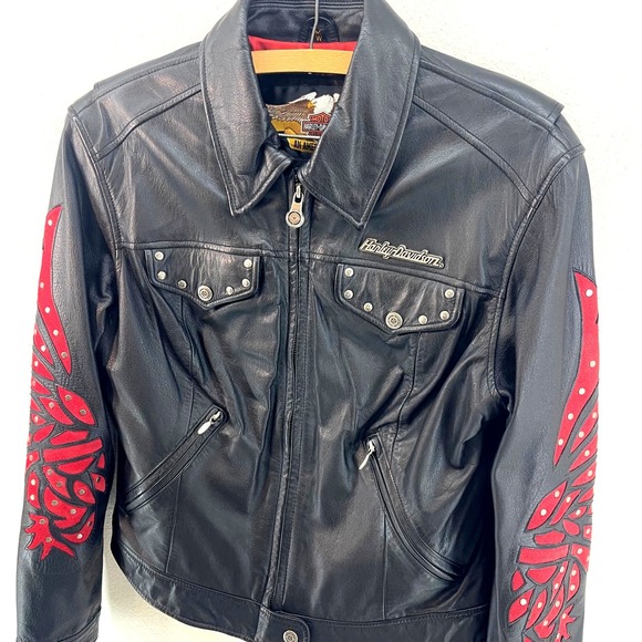 HARLEY DAVIDSON Women Black LEATHER Flaming Sleeve JACKET Stud MEDIUM Biker Babe - Picture 2 of 16